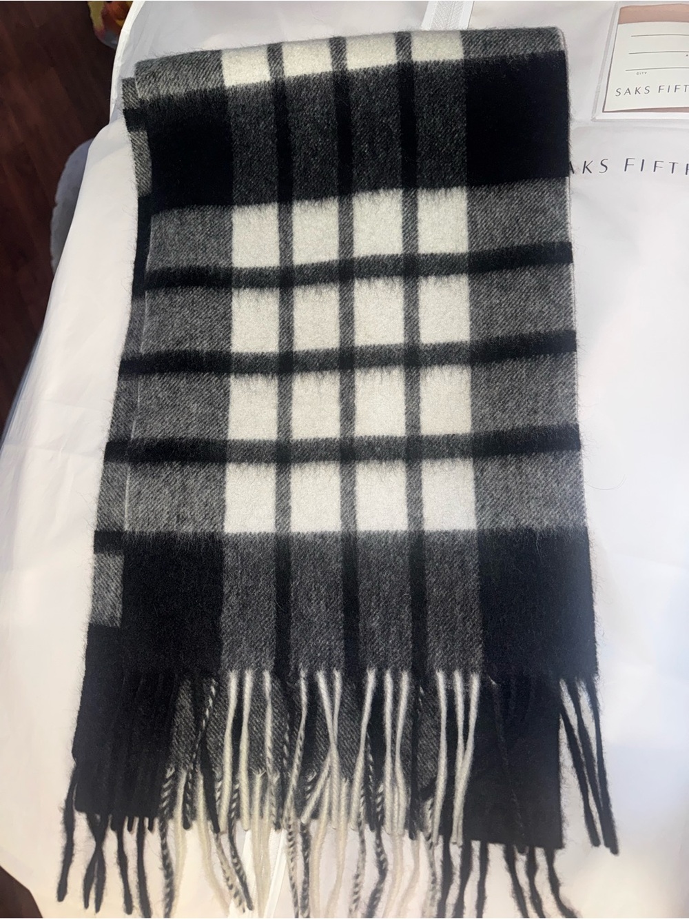 Phenix 100% Cashmere Plaid Scarf Black Gray White Fringe Winter Scarf
